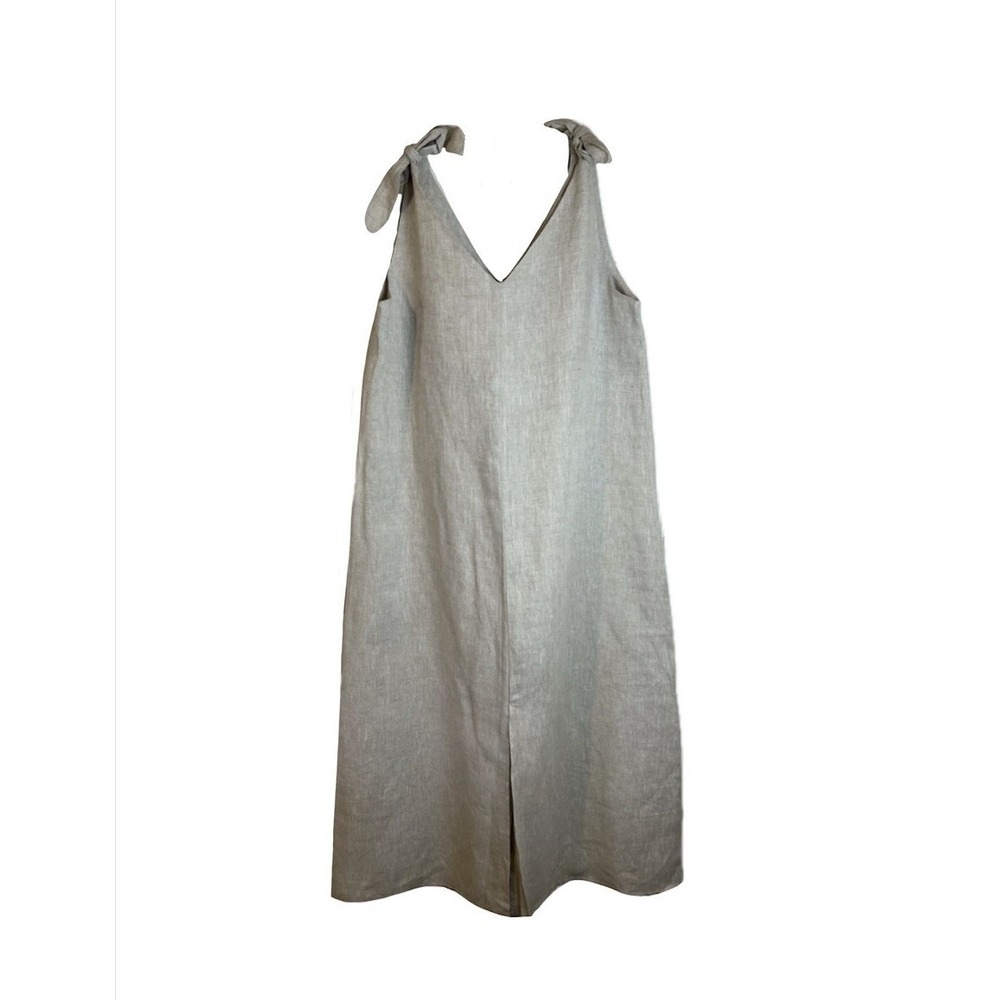 NWT Larsen and Co Neutral Beige 100% Linen Summer Dress Tie Bow Shoulder Sz L